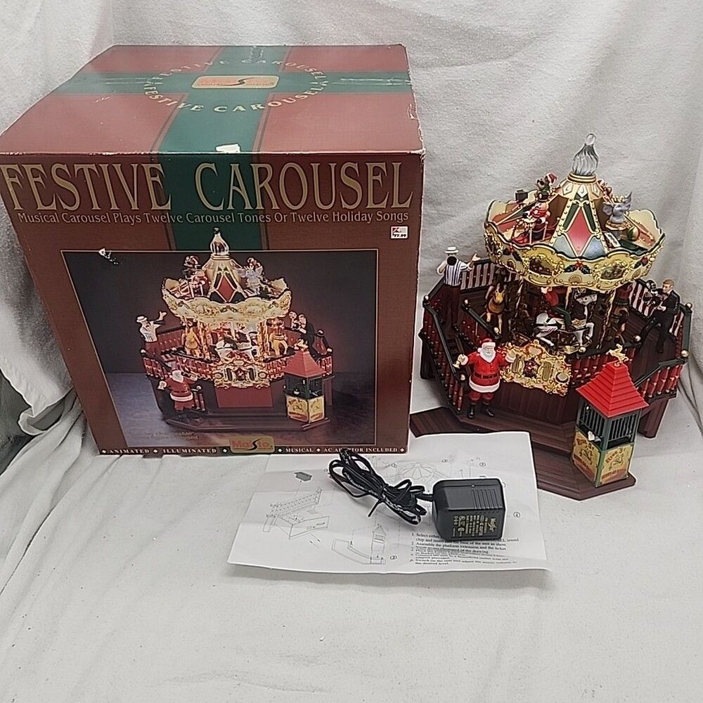 House Carousel LG Maisto Festive Santa Figure With Box Lights Musical Vtg 1996